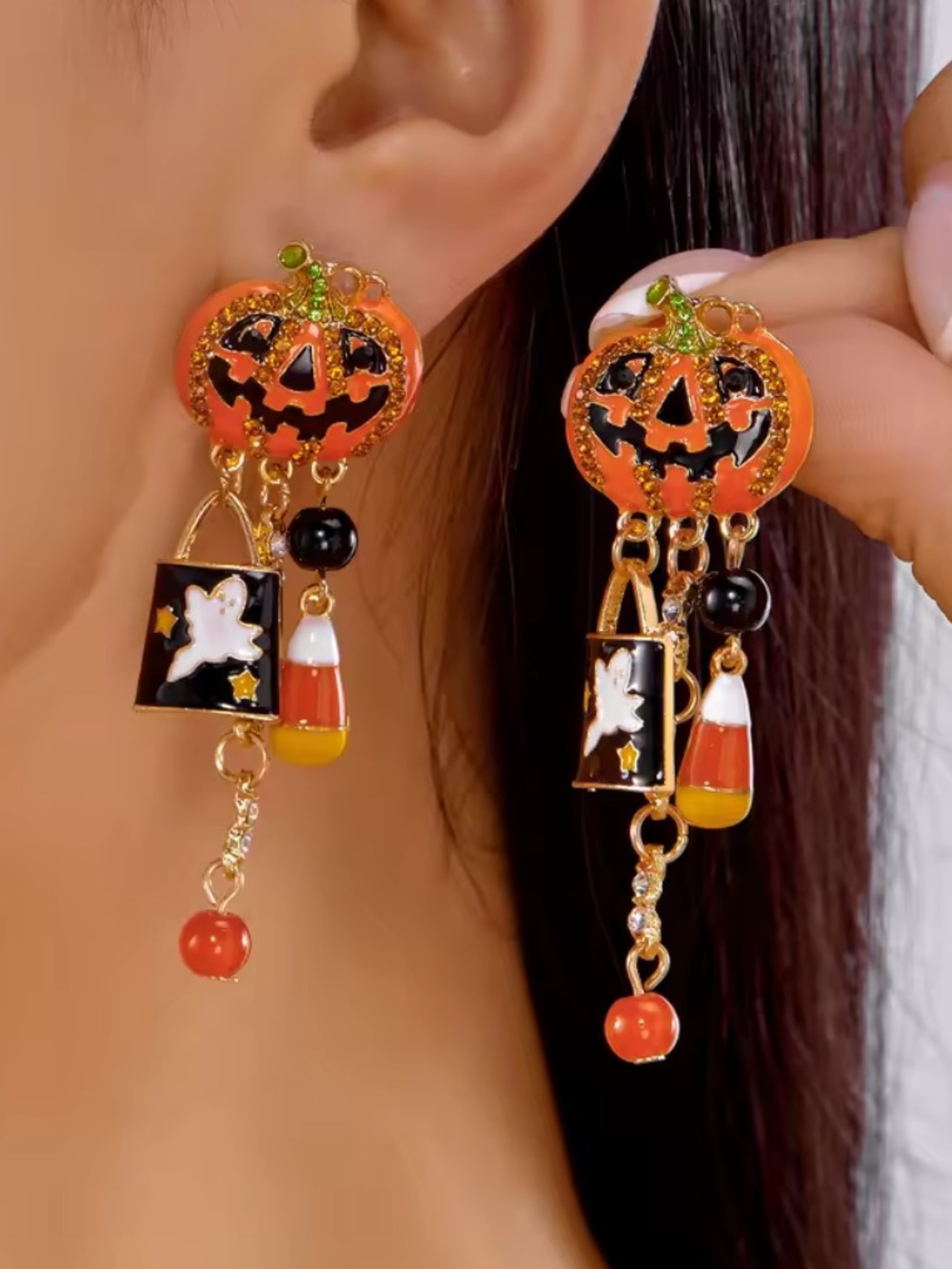 Halloween Pumpkin Dangle Earrings in Orange and Black